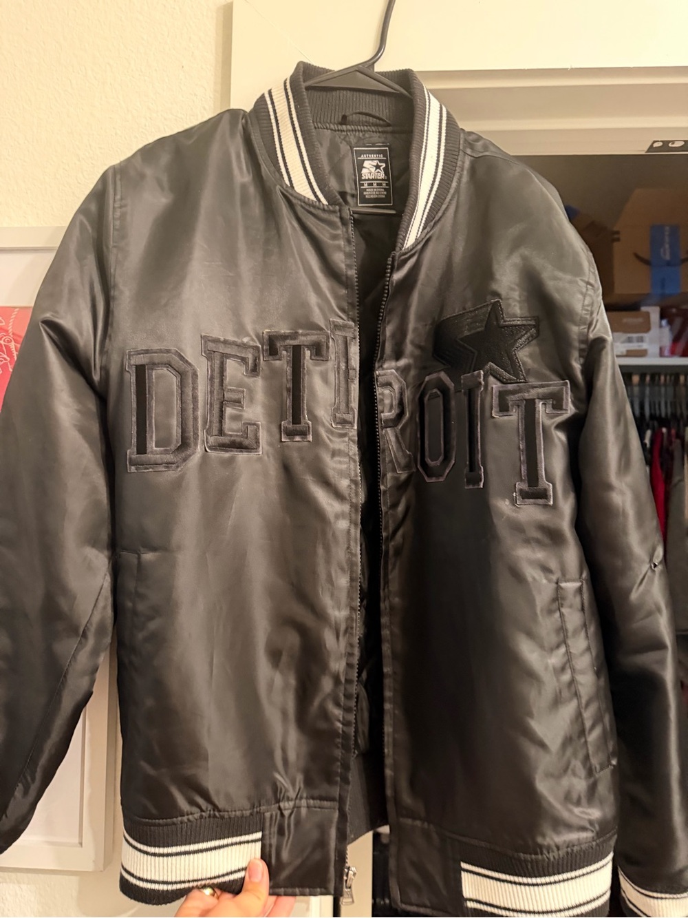STARTER Black Detroit Varsity Bomber Jacket